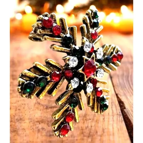 Christmas Snowflake Brooch Pin Star Red Green Crystal Accents Festive Wi…