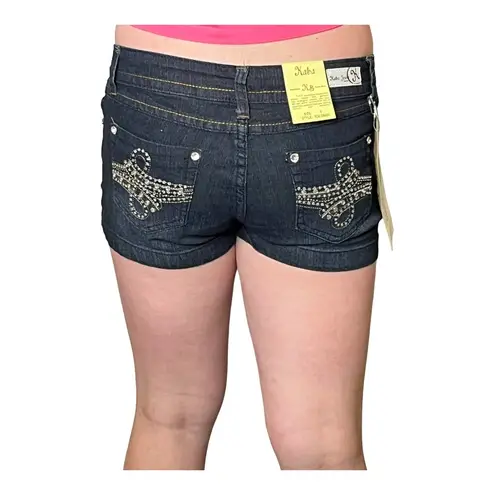 NEW Kaba JEAN SHORTS SZ 7 Dark Blue Denim Stone Stud Bedazzled Double Lasso NWT