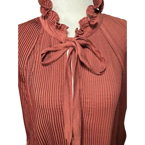 Treasure & Bond NWOT Womens Blouse Size XL Red Rust Pleated Ruffle Neck Tie