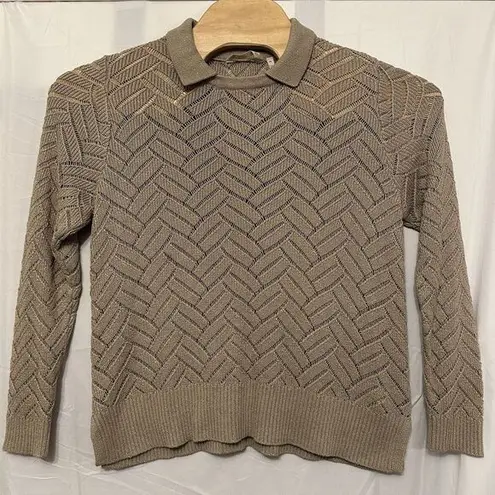 Soft Surroundings Large Petite LP Beige Gold Metallic Open Knit Collared Sweater - Image 1