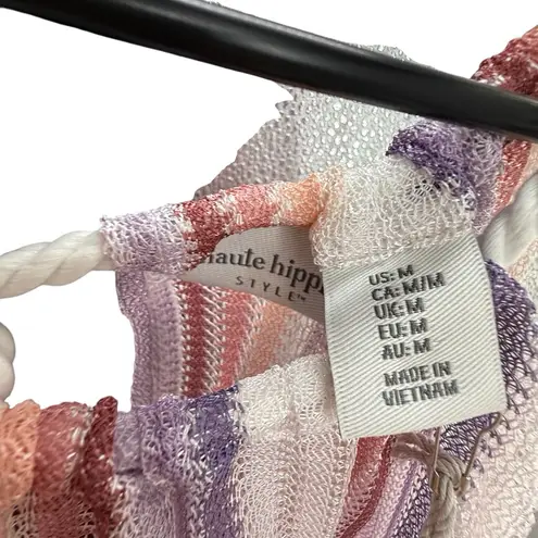 Haute Hippie M Swimsuit Cover Up Dress Crochet Mesh Purple Pink White Stripe NWT