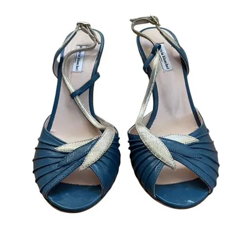 Patricia Blanchet Blue & Light Gold Art Deco Slingback Size 37/ US 6.5