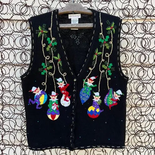 VTG Y2K White Stag Ugly Christmas Elves Wrecking Ball Ornament Sweater Vest MED Black