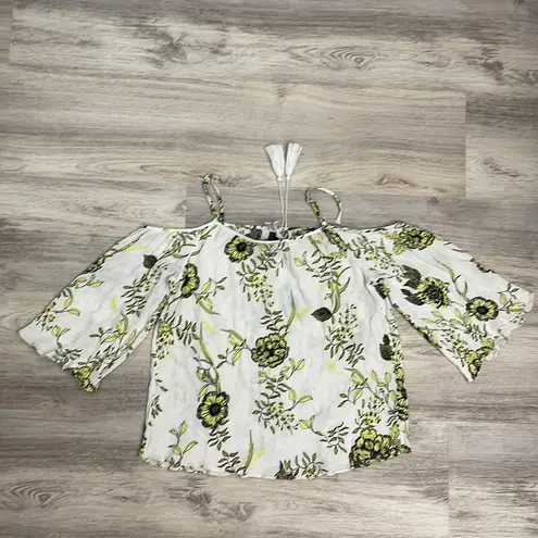 Inc international Concepts White, Black & Yellow Floral Print Cold Shoulder Top