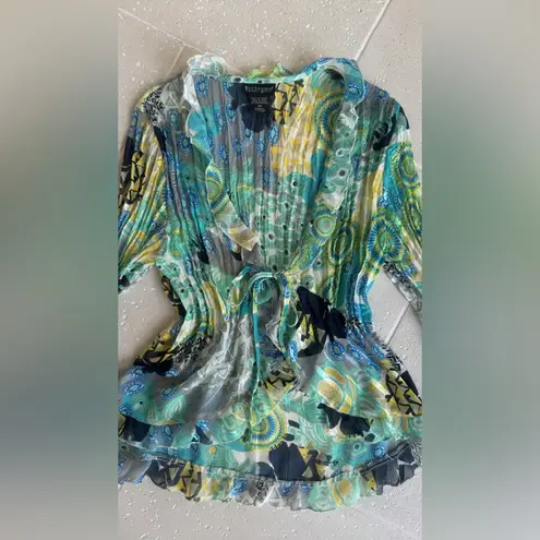 Bay Studio Retro Print Ruffle Tie Cardigan Blue