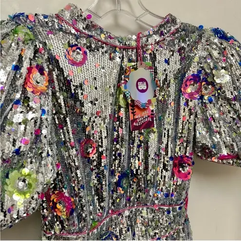 CeliaB Wonderer Silver Sequins Floral Statement Puff Sleeves Mini Dress NEW XXS