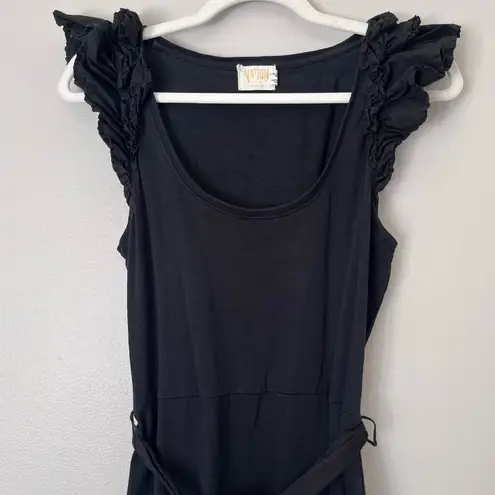 Nation Ltd Everleigh Frilly Ruffle Scoop Neck Tiered Belted Midi Dress Jet Black