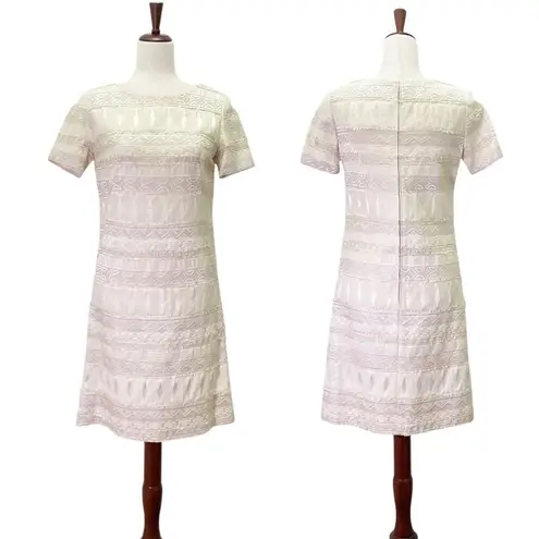 Vintage Cream Brocade Sheath Dress 60s Mod Texture Short Sleeve Shift Size Small White