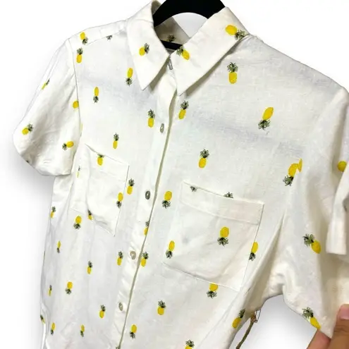 Rae Dunn NWT  Linen Rayon High Low Pineapple Print Short Sleeve Button Up - Small