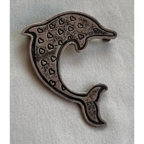 EFS Mexican Silver Dolphin Pin, Dolphin Small Heart Pin, Sterling Silver Sz 1.5”