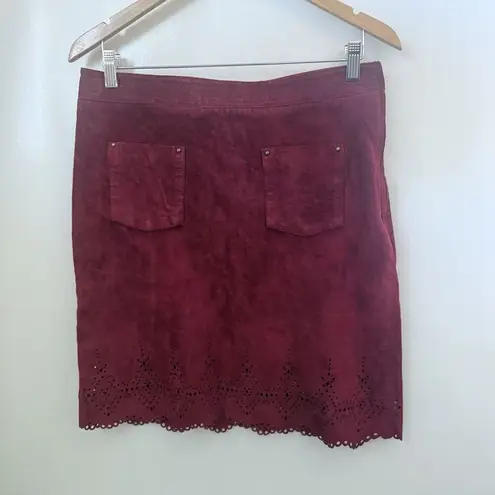 Maeve Skirt Womens 12 Leather Red Maroon Napa Suede Midi Laser Cut Anthropologie