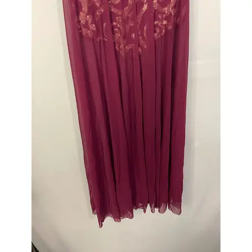 Elegant Burgundy Mesh Gown Gold Sequins Embellished Illusion Bodice Purple