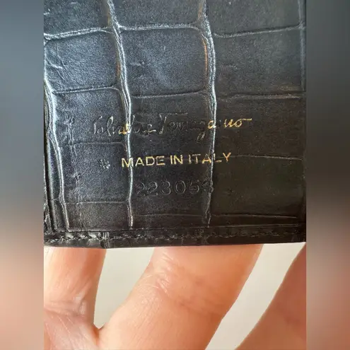 Salvatore Ferragamo Women’s‎ Black Leather Embossed Croc Compact Wallet