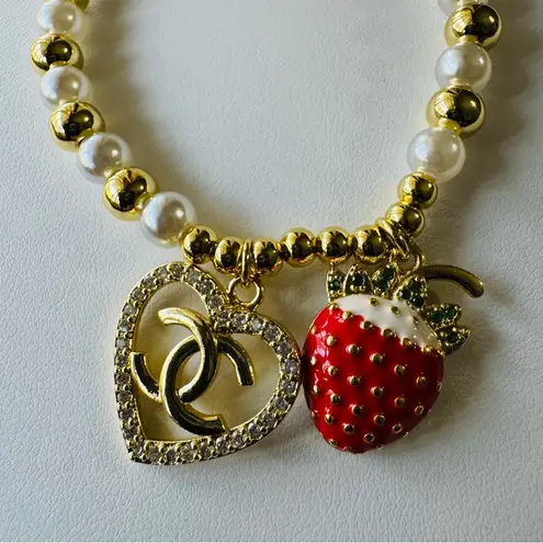 Gold and White Pearl Bracelet with Heart and Strawberry Charms Adjustable