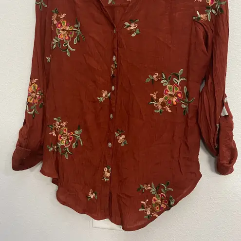 Anthropologie Fig & Flower Embroidered Button Down Blouse Orange Size Petite XL