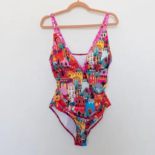 Womens Swimsuit Size L Multicolor One Piece Bright Bold Print Cityscape Vacation Pink Size L