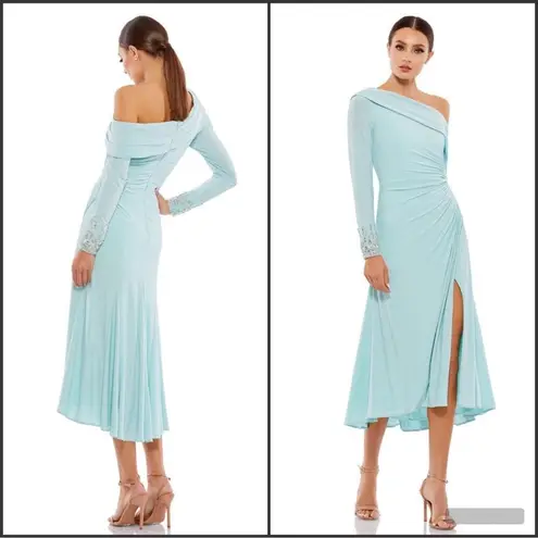 Mac Duggal 26485 Blue Foldover Long Sleeve Jeweled Midi Dress