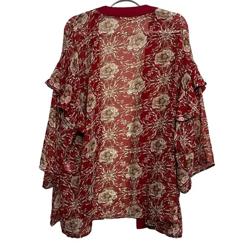 Kori America Women's Red Floral Open Kimono Large Sheer Lightweight Bobo