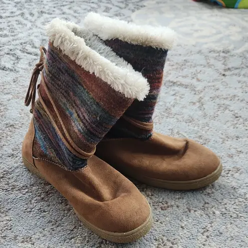 Airwalk Suede Mid Calf Pull On Faux Sherpa Lined Boots Brown Multi Color 8.5