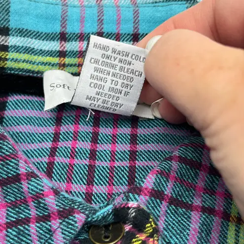 Soft Surroundings Blue Plaid Highlands Flannel Button Shirt Womens Size Medium