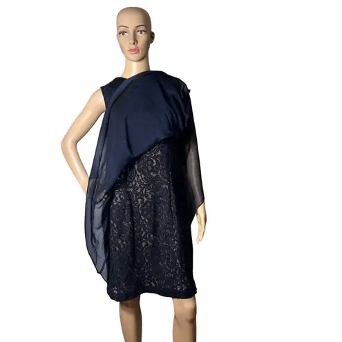 Slny Dress Womens 12 Navy Sleeveless Layered Lace W/ Satin Collar Back Zip