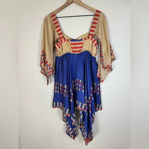 Anna Sui Vintage Y2K 2008 Western Native Boho Asymmetrical Silk Mini Dress sz 4