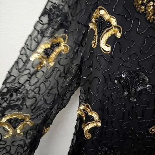 SWEE LO | Vintage Silk Black Beaded Gold Sequin Blouse Formal Keyhole | Medium