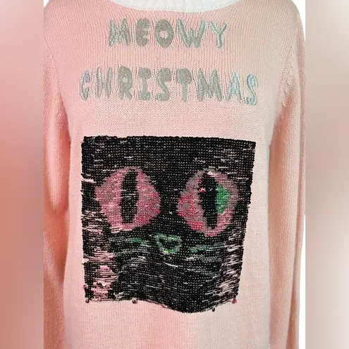 Holiday Time MEOWY CHRISTMAS INTERCHANGEABLE SEQUIN CAT PINK KNIT SWEATER WOMEN SIZE SMALL