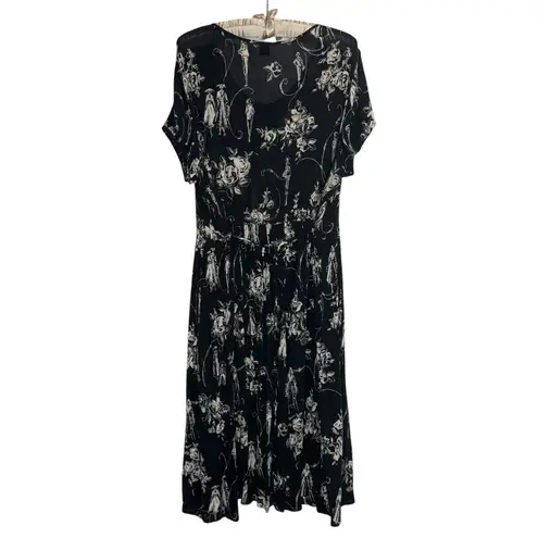 Bila Black Toile Floral Gauze Midi Dress XL Boho Button Front Tie Back Rayon