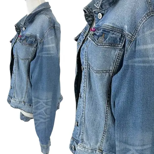 Vintage Flower Brooch & Mossimo Denim Jacket Size XXL Bohemian Fall Distressed Blue