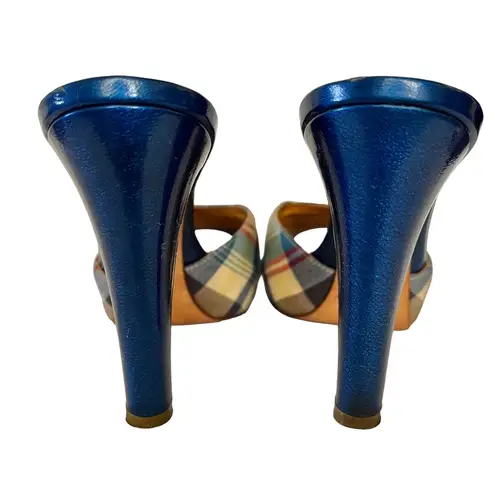 Bettye Muller Roulette Platform Slide Heels - Tartan Plaid Metallic Blue Mules