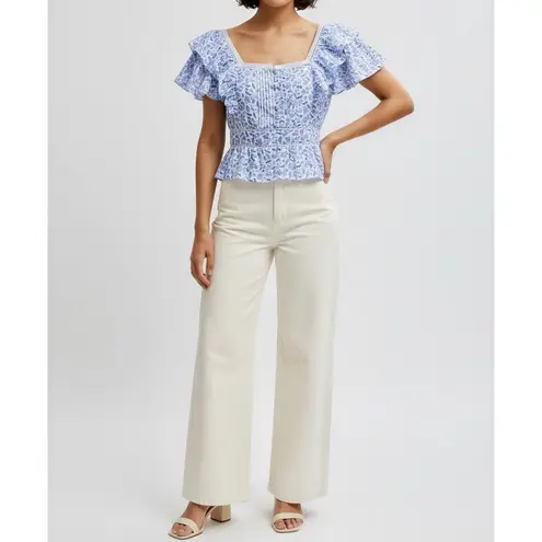 PINK CITY PRINTS Emilee Top, Cornflower Dahlia, Medium Blue