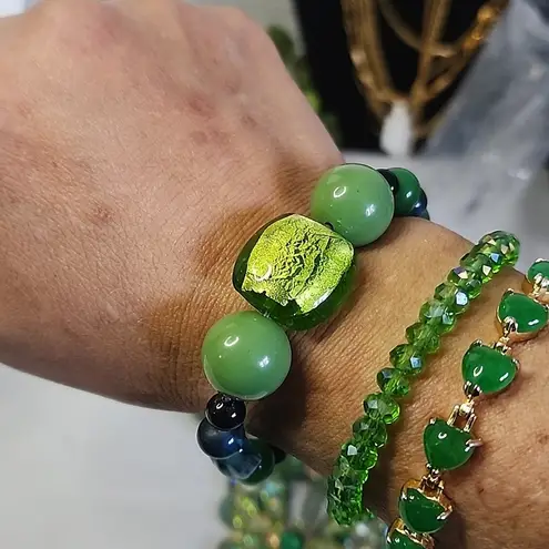 Handcrafted Green Double Strand Butterfly Necklace Bracelet Earrings Set