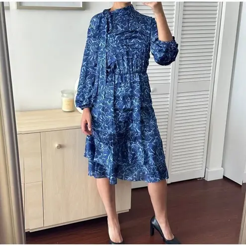 Sachin & Babi Dress Womens 2 Brielle Floral Print Tiered Tie Neck Satin Midi Blue