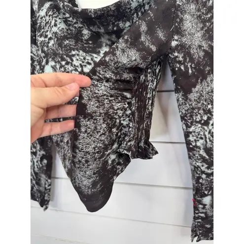 Open Edit Long Sleeve Cropped Top Brown Abstract Off Shoulder Ruched Boho Sz XS Blue