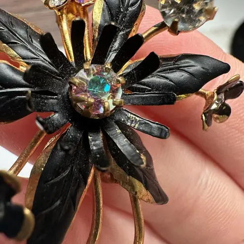 Austria AB Rhinestone Flower Black Enamel Gold Tone Brooch Pin Vintage