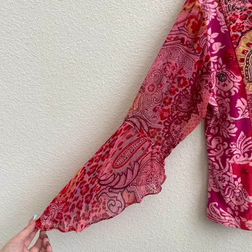 Forbidden Vintage Y2K Pink Beaded Patchwork Japanese Blossom Quarter Sleeve Top