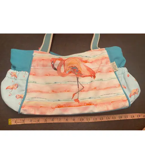 Sun N' Sand Flamingo Large Zip Top Canvas Shoulder Bag Elastic Side Pockets Pink