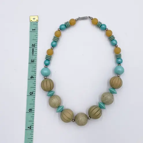 Vintage Chunky Wooden Circle Beads Mixed Materials Necklace Teal Blue Beige Boho Tan