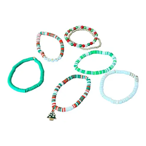 Christmas Bracelet Set of 7 Holiday Stackable Bead Bracelets Tree Charm New Green