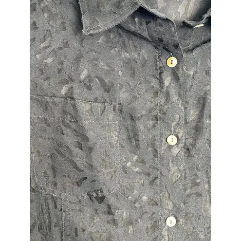 Black Sheer Patterned Button Down Blouse 3/4 Sleeve Floral Overlay Shirt Size L