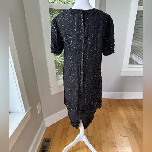 Vintage Papell Boutique Black Beaded Silk Short Sleeve Sheath Dress Size 8