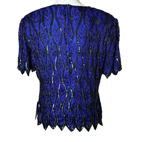 Vintage Sténay 100% Silk Beaded Sequin Top | Size L | Art Deco 80s Party Glam Blue Size L