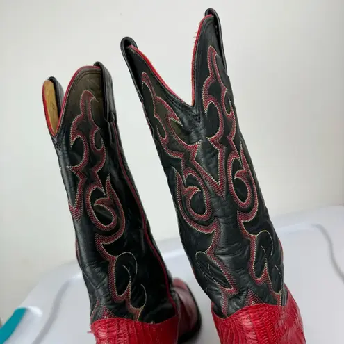 Vtg Nocona Red Black Lizard Leather Westerm Cowgirl Boots Sz 7B
