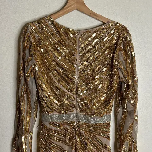 Mac Duggal LONG SLEEVE SEQUIN STREAKED GOWN in copper embellished size 6