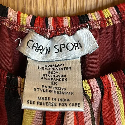 Caren Sport Multicolor Striped Blouse with Bat Wing Sleeves, Attached Tank Under Red Size 1X