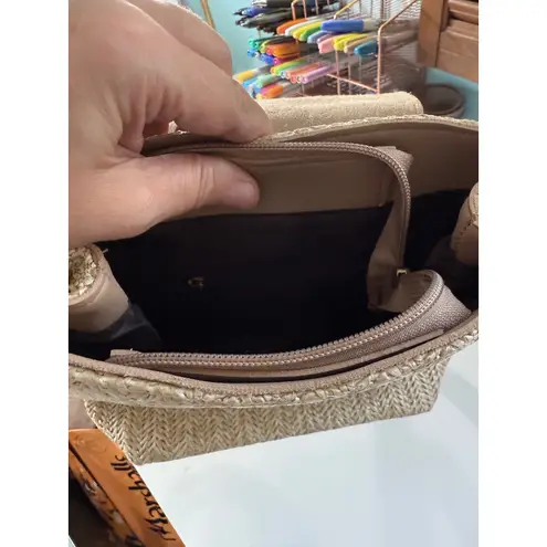 Woven Straw Mini Backpack Beige Faux Leather Accent Convertible Purse Tan