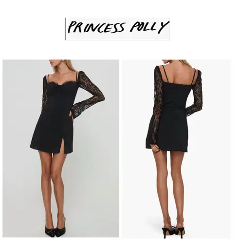 Princess Polly  Ashwood Black Lace Long Sleeve Tie Bust Split Hem Mini Dress 2