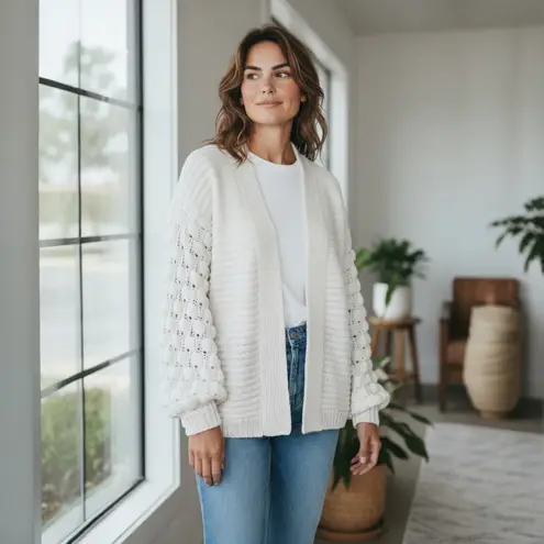 Kaari Blue Womens White Chunky Knit Bobble Sleeve Cardigan Sweater Size L