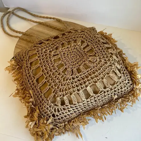 MW Tan Natural Fiber Straw Fringe Raffa Crochet Square Tote Shoulder Bag